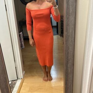 BCBG Vibrant Orange Off the Shoulder Long Sleeve Dress